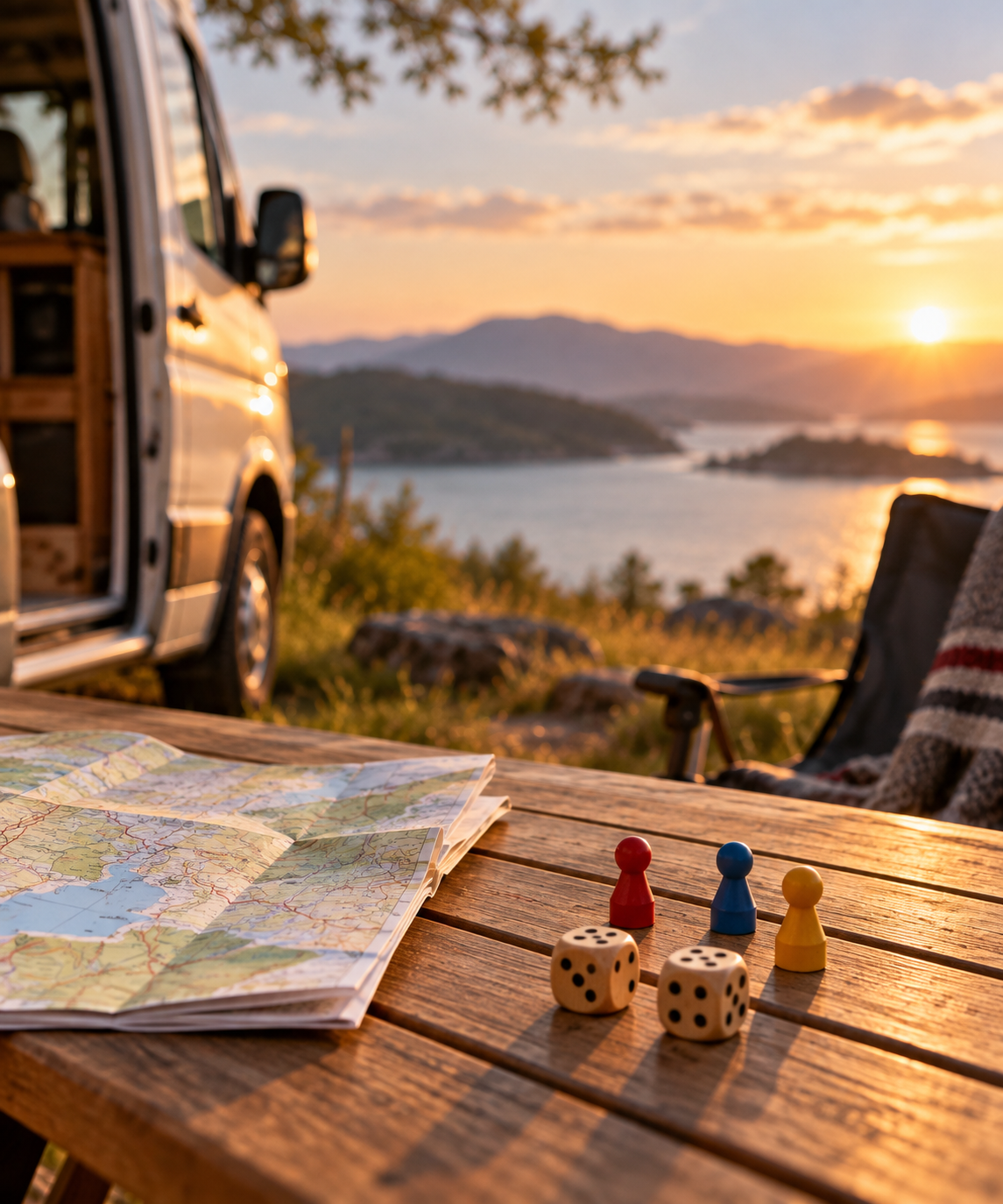 Gefaltete Karte, Würfel und neutrale Spielfiguren auf einem Holztisch an einem ruhigen Urlaubsort mit Wohnmobil und Landschaft im Hintergrund